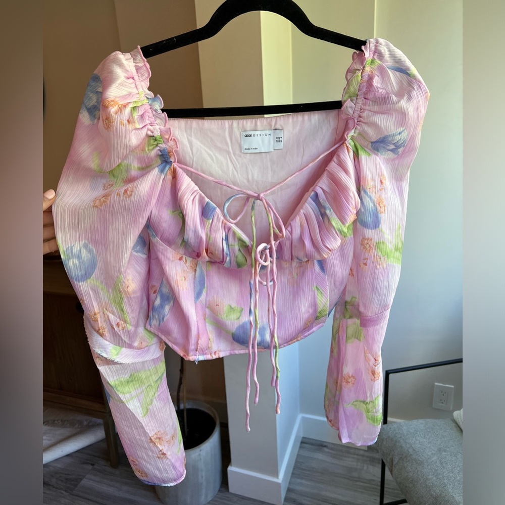 STUNNING ASOS Design Pink Floral Chiffon Corset Top with Flowy ruffled sleeves